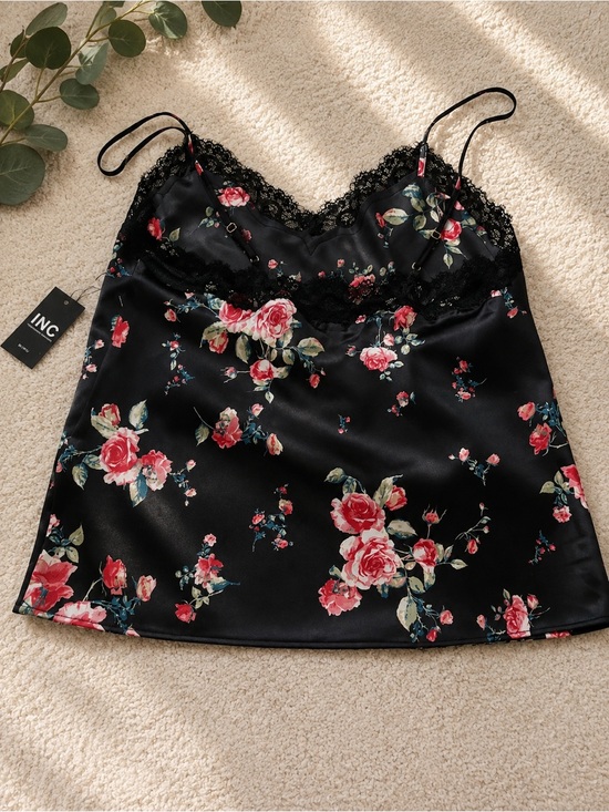 Tops - INC Black Satin Floral Lace Cami